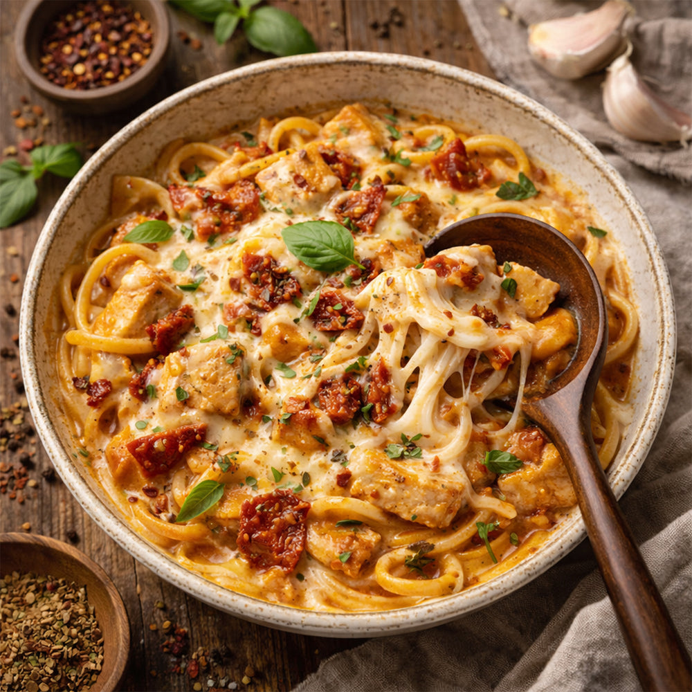 Cheesy Butter Chicken with Sundried Tomato & Linguine